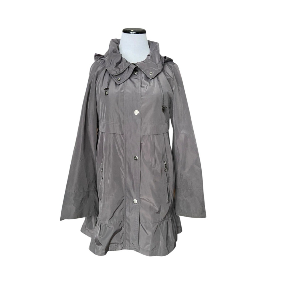 Betsy Johnson Hooded Faux Fur Lined Ruffle Hem Parka Jacket Size S Gray Raincoat